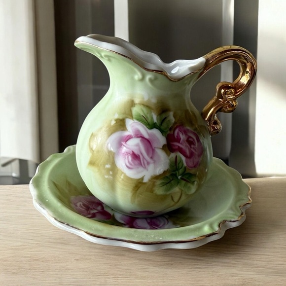 Vintage LeVintage Lefton China Mini Pitcher & Bowl Set Heritage Green Pink Roses - Picture 3 of 4